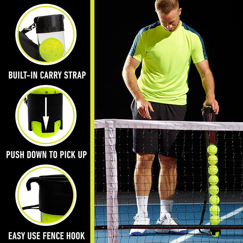 Pickleball Ball Retriever Tube | No-Bend Ball Picker Upper & Hopper with Shoulder Strap