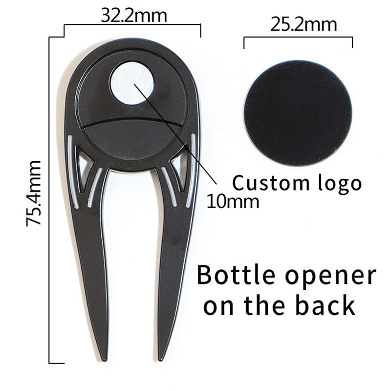 Measurement chart of a Golf Divot Repair Tool, showing dimensions and custom mark details.
