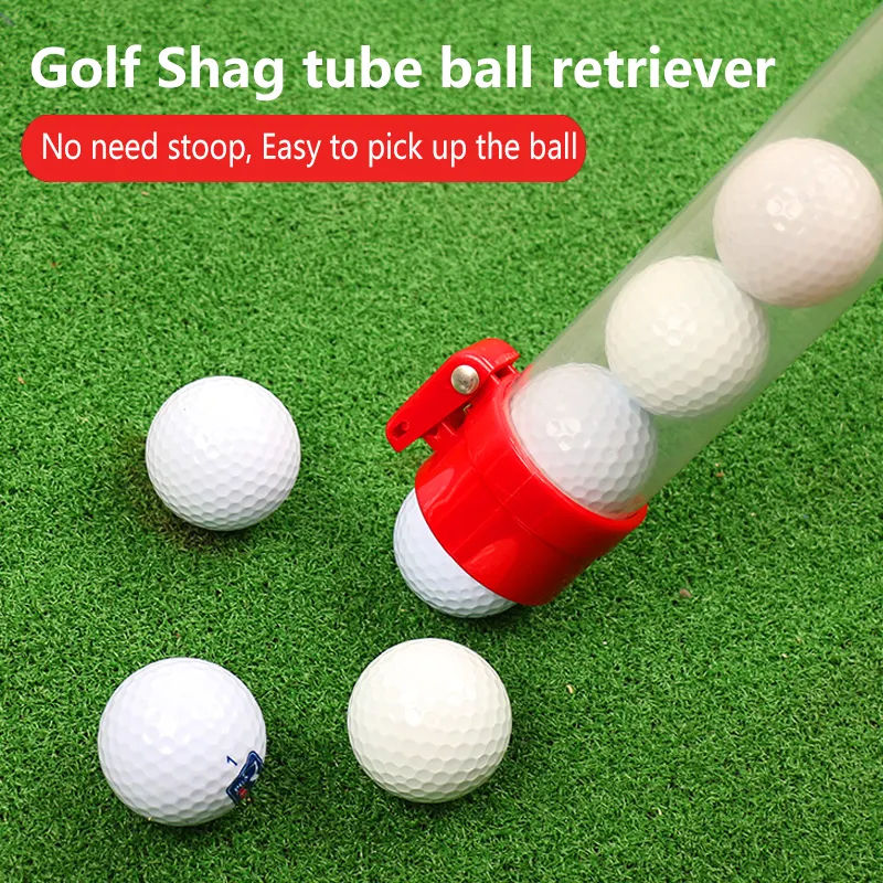 Golf Shag tube ball retriever with golf balls on a green surface