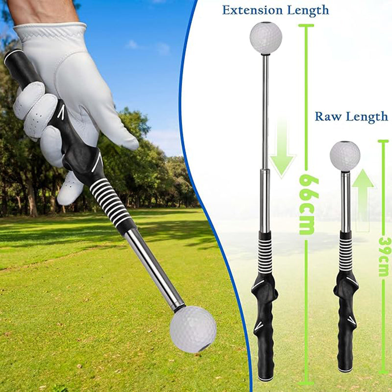 Retractable Golf Swing Training Aid, and measurement details on a golf course background.