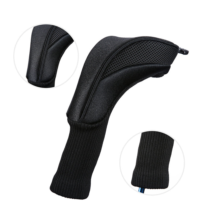 Black golf club head cover with close-up insets on a white background
