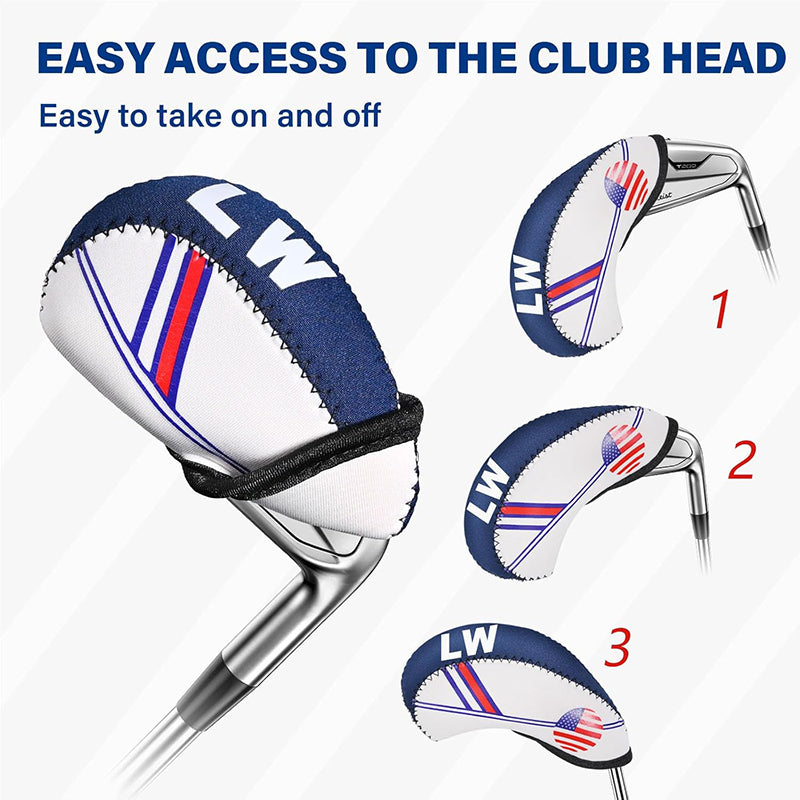 USA Flag Iron Head Covers Set of 10 | Patriotic Neoprene Protective Covers for Golf Irons (4-9, PW, SW)