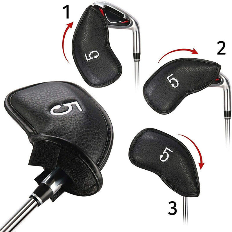 Golf club heads with black covers labeled '5' 