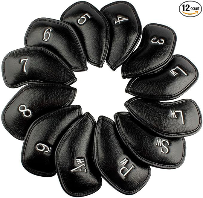 Set of black golf club heads with numbers and letters 