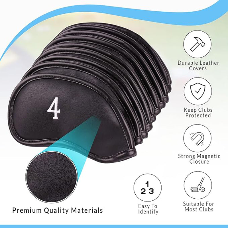 Set of black golf club covers with features highlighted 