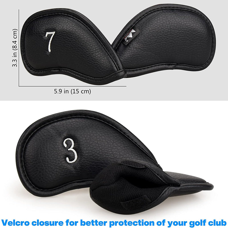 Two black golf club head covers with measurements 