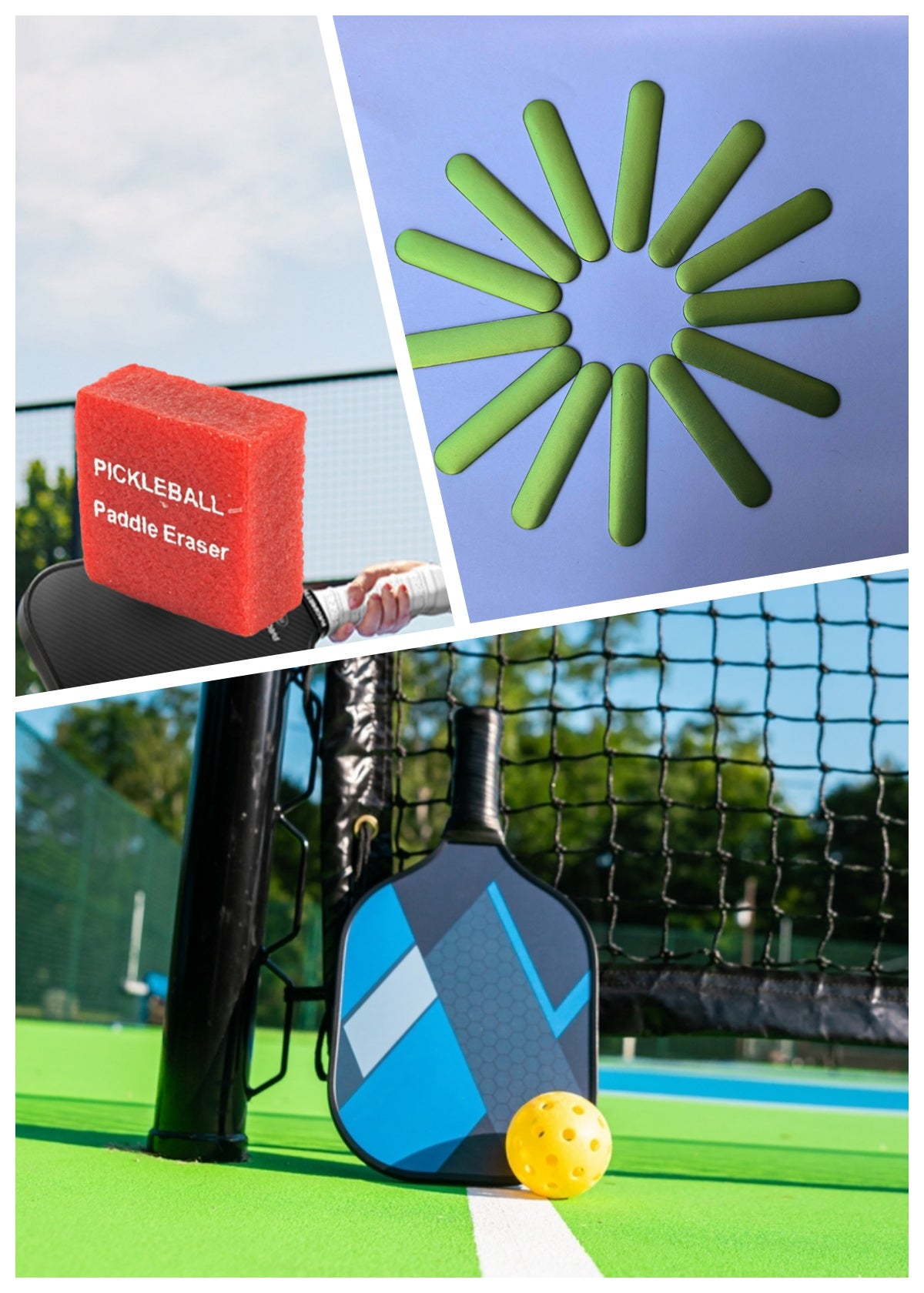 Collage of pickleball equipment including an eraser, paddle, and ball 