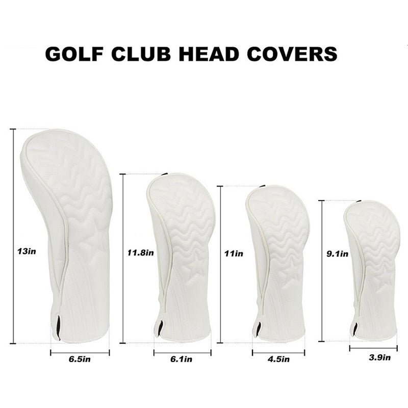 Golf club head covers with measurements on a white background