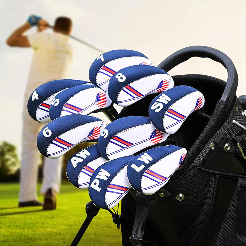 Golf club heads with covers on a golf bag