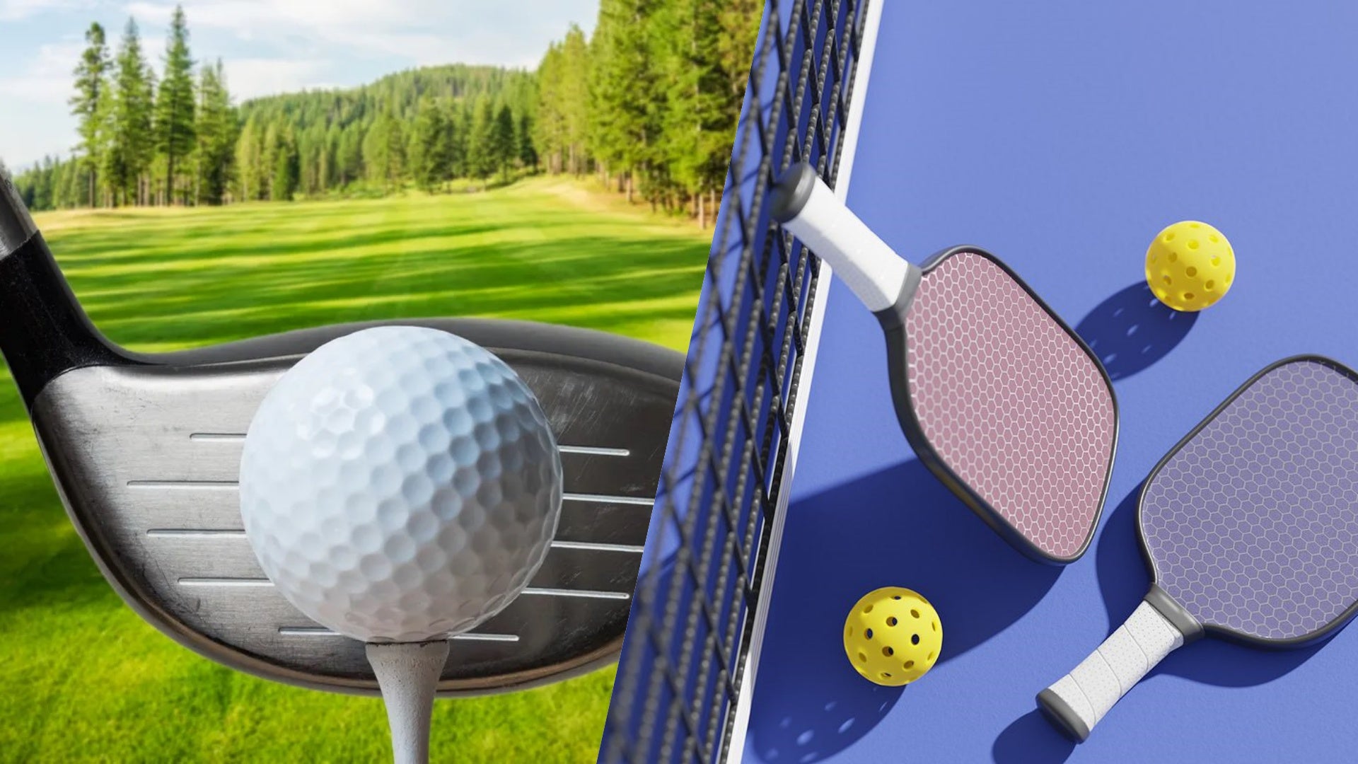 Golf club with golf ball on grass and pickleball paddles and balls 