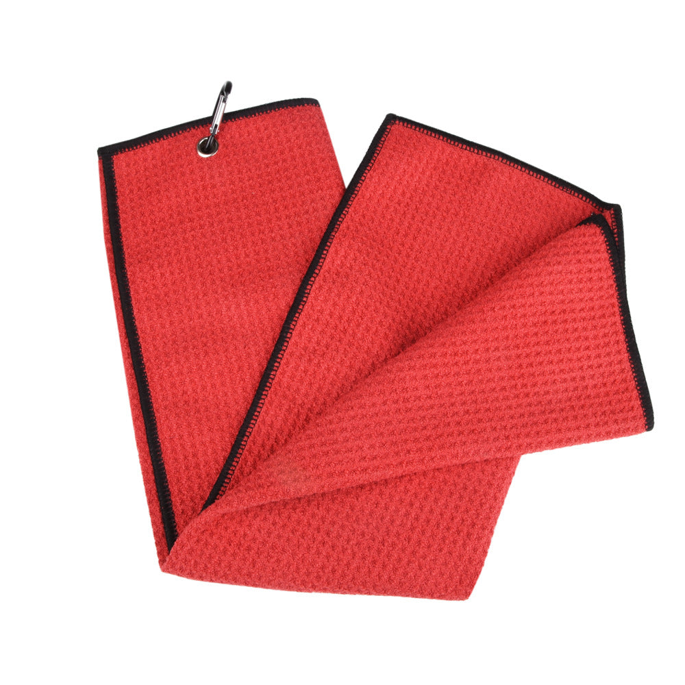 Red microfiber towel with black trim 