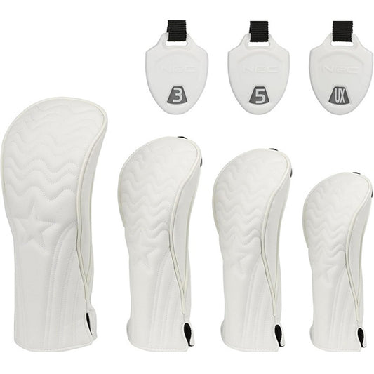 Set of white golf club head covers with brand logos 