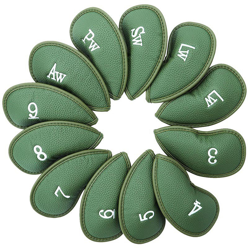Set of green golf club head covers with white numbering and lettering 