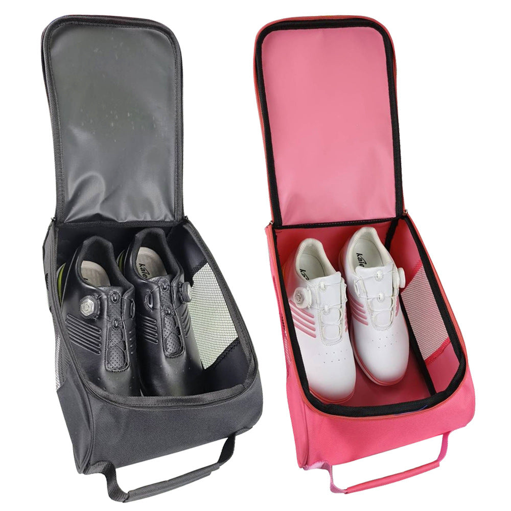 Two shoe bags, one gray and one pink, with shoes