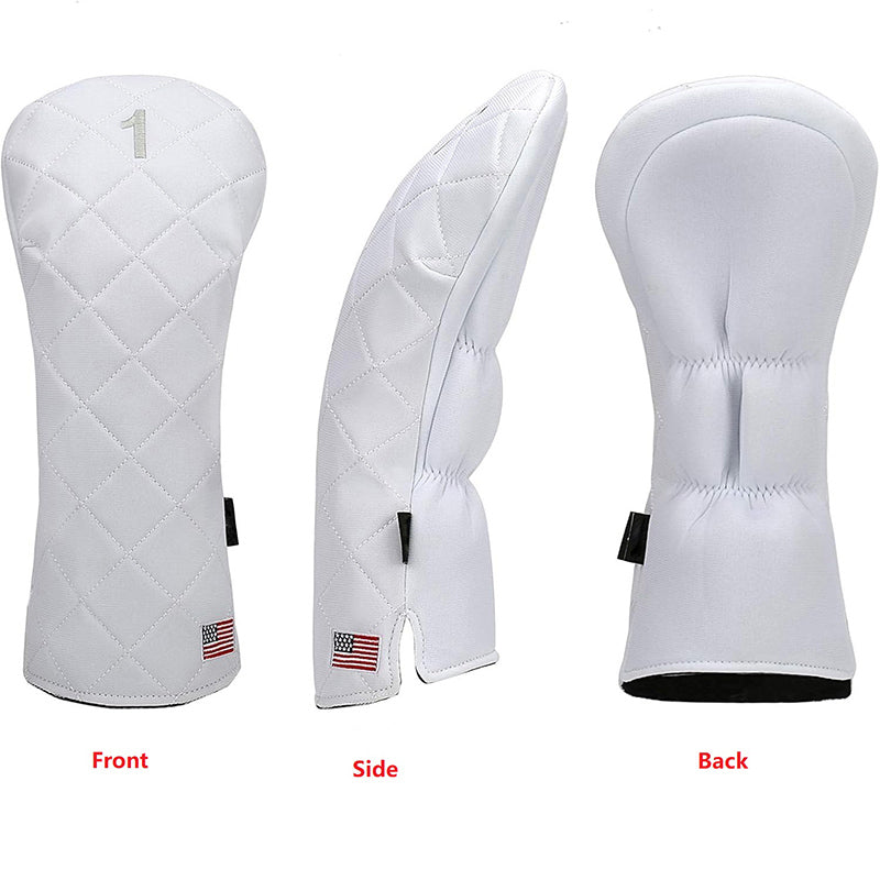 White golf club head cover with front, side, and back views 