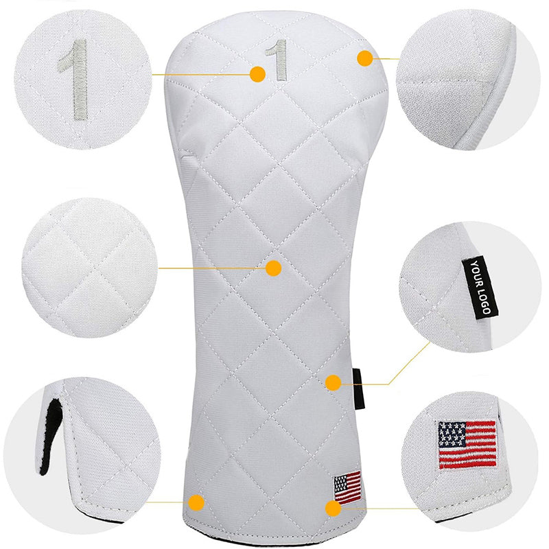 White golf club head cover with quilted pattern, American flag, and brand label 