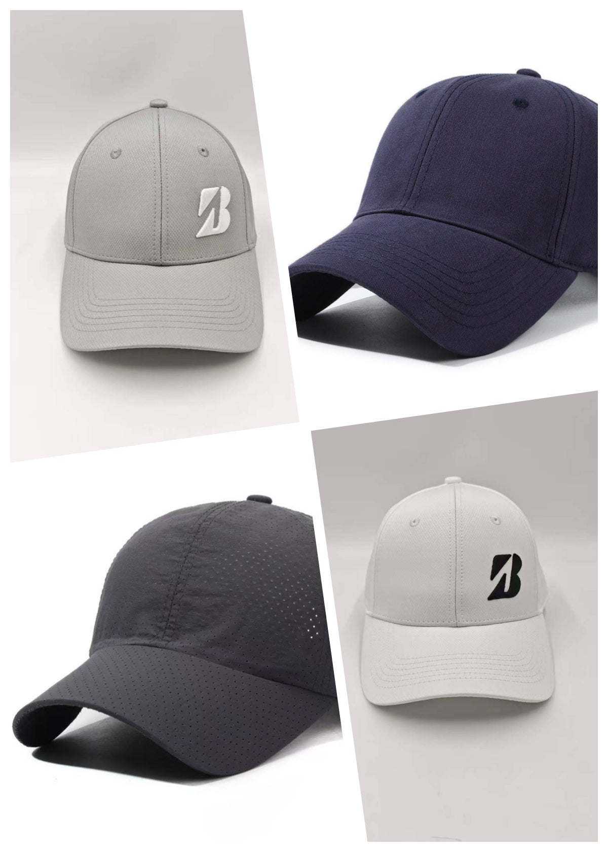 Four baseball caps in gray, navy, and white with a brand logo 