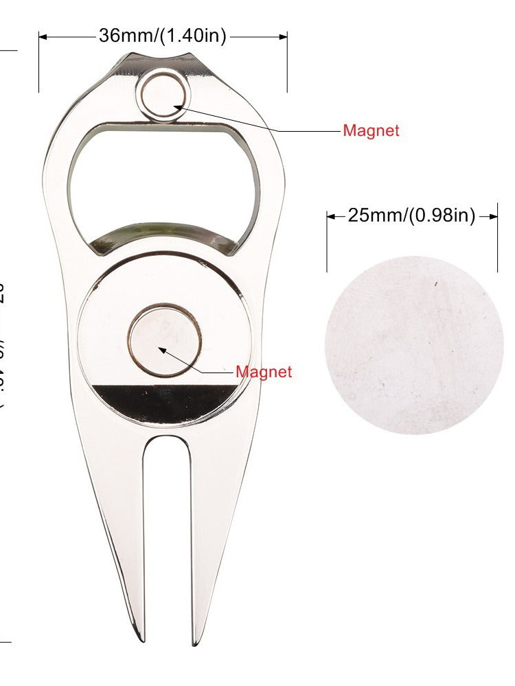 Metallic golf divot tool with measurements and magnet labels 