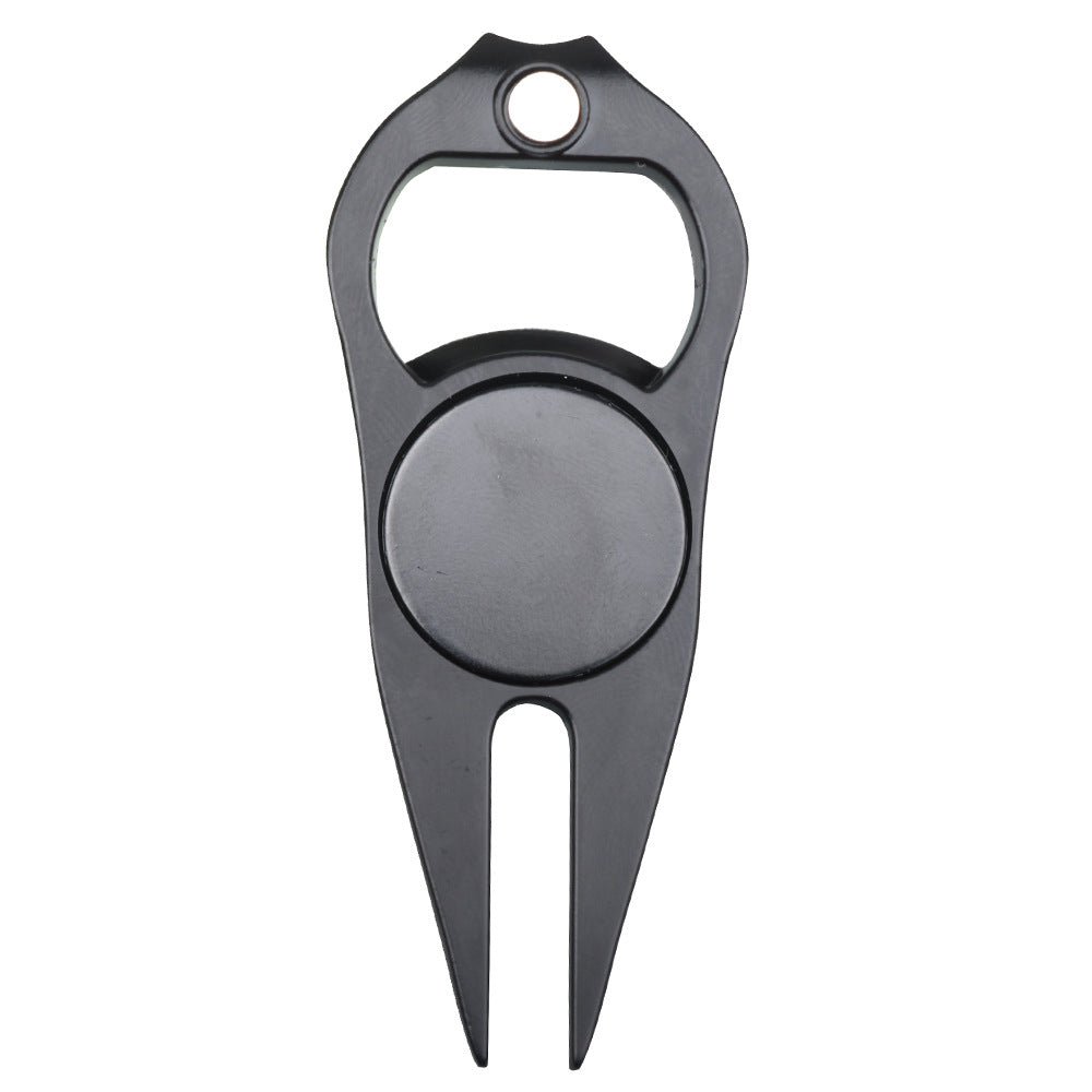 Black bottle opener with a divot tool 