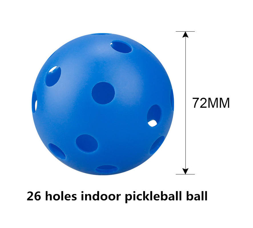Blue indoor pickleball ball with 26 holes and a measurement label 