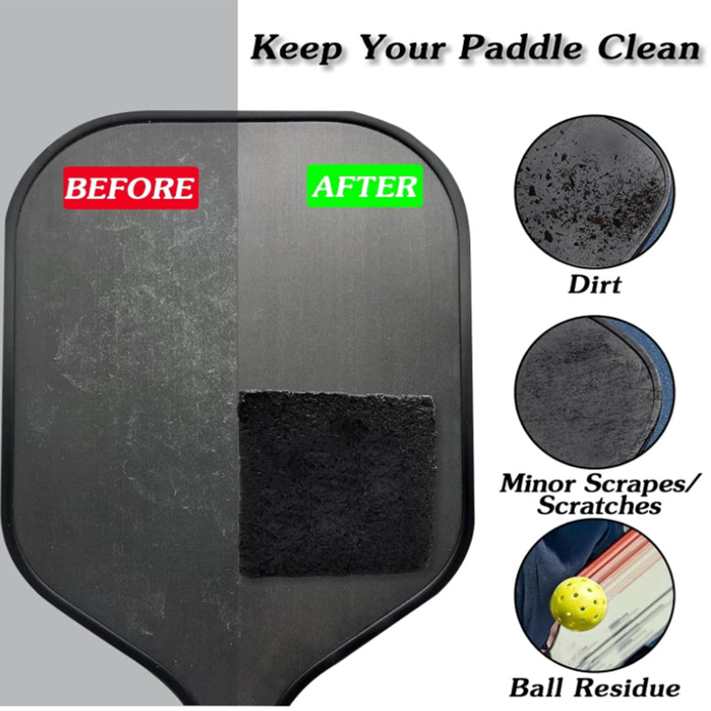 Pickleball paddle showing 'Before' and 'After' cleaning with pickleball paddle eraser 