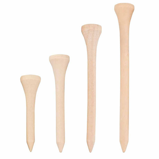 Set of five wooden golf tees of different lengths 